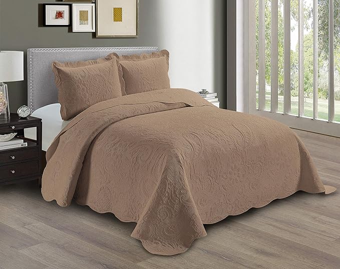 Linen Plus Embossed Coverlet Bedspread Set Oversized Solid Taupe by Linen+Plus