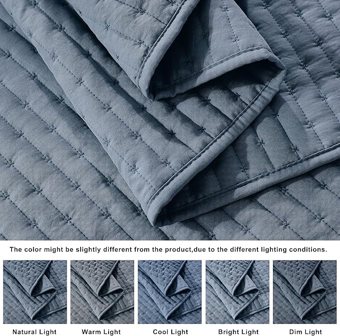 WDCOZY Blue Cross Stitch Queen Size Quilt Set, Striped Lightweight Soft - Image 5