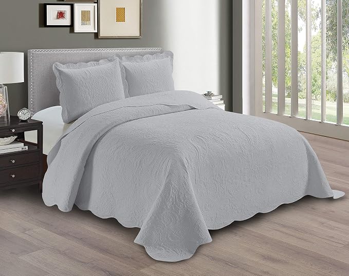 Linen Plus Embossed Coverlet Bedspread Set Oversized Solid Silver by Linen+Plus