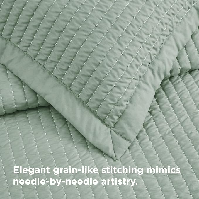 Bedsure Quilts Queen Size, Lightweight Striped Thin Comforter, Sage Green | - Image 3