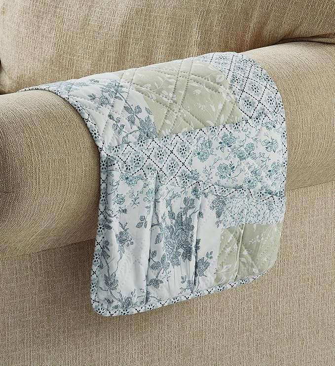 Brilliant Sunshine Blue & Beige Floral Couch Armrest Cover, Armrest Organizer & - Image 5