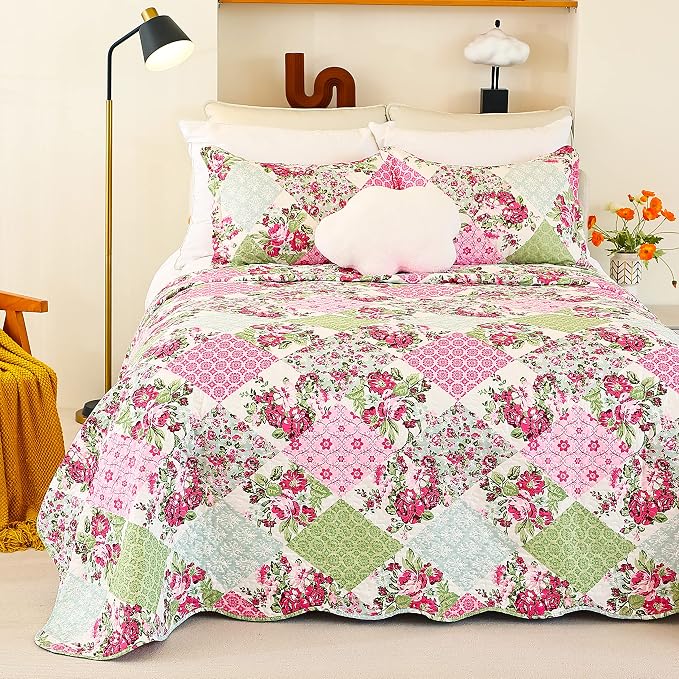 Cmfshape Summer Floral King Quilted Bedspread, Romantic Pink Quilt Set - Image 2