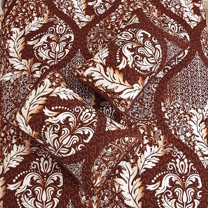 DJY Damask Queen Quilt Set, Boho Lightweight Bedding Set 3 Pcs, Burgundy | - Image 7