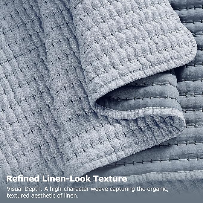 WDCOZY Chambray Pick Stitch Twin Size Quilt Set, Denim Blue Striped Lightweight - Image 6