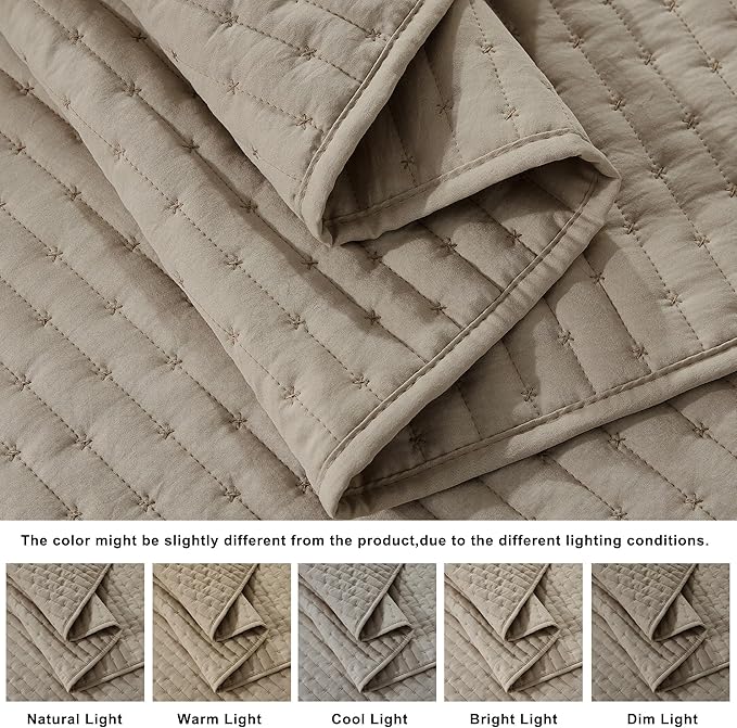 WDCOZY Dark Beige Cross Stitch King Size Quilt Set, Striped Lightweight Soft - Image 5