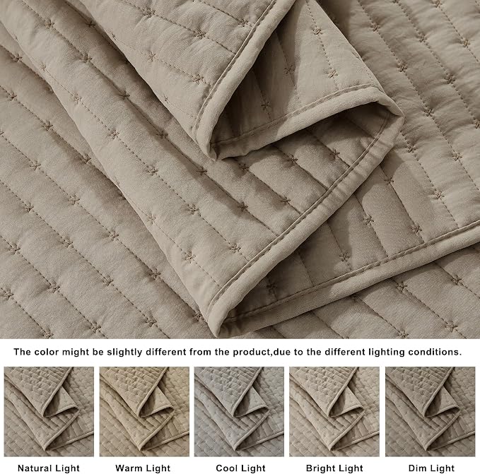WDCOZY Dark Beige Cross Stitch Queen Size Quilt Set, Striped Lightweight Soft - Image 5
