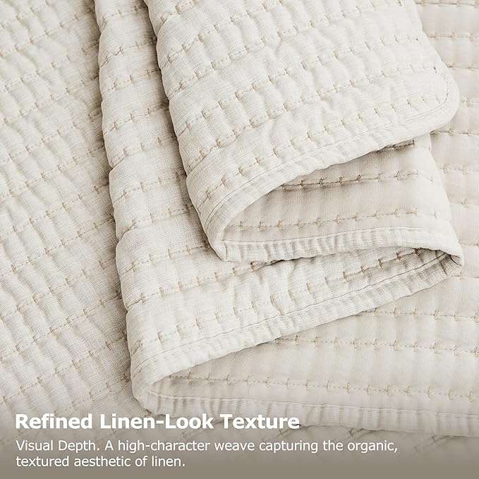 WDCOZY Beige Pick Stitch Twin Size Quilt Set, Striped Lightweight Soft Summer - Image 6
