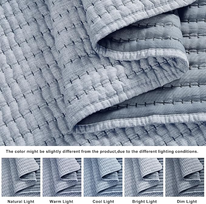 Chambray Pick Stitch Oversized King Size Quilt Set, California King Striped - Image 4