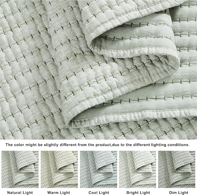 WDCOZY Sage Green Pick Stitch King Size Quilt Set, Striped Lightweight Soft - Image 4