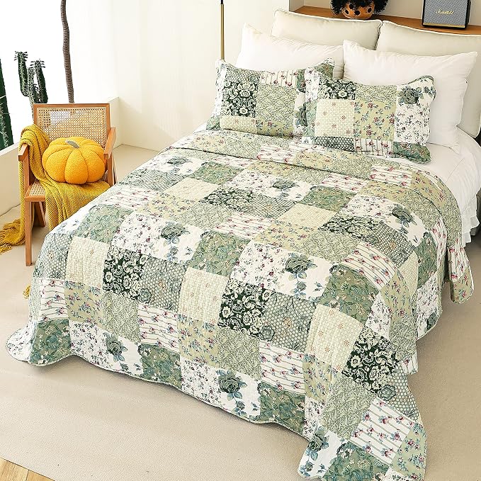 Cmfshape Summer Floral King Quilted Bedspread, Romantic Green Quilt Set King - Image 3