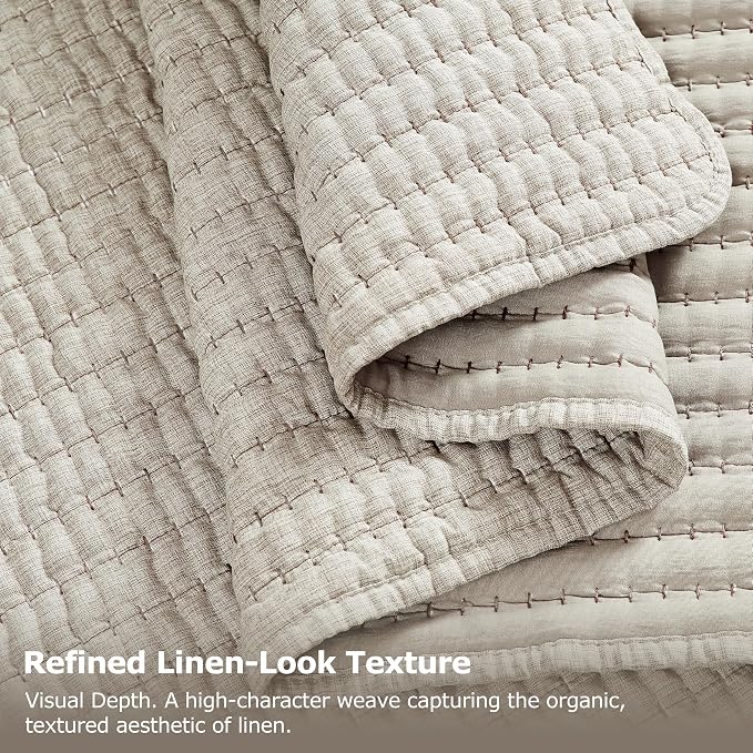 WDCOZY Taupe Queen Size Pick Stitch Quilt Set, 3 Pieces 90x90 inches | Striped - Image 6