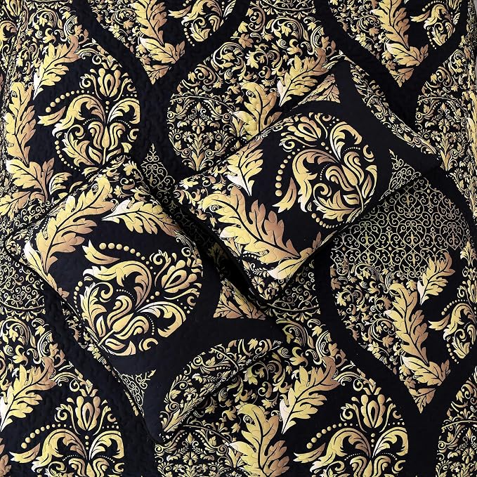DJY Black Quilt Set Queen Size, Boho Gold Damask Bedspread Coverlet 3Pcs | Soft - Image 7